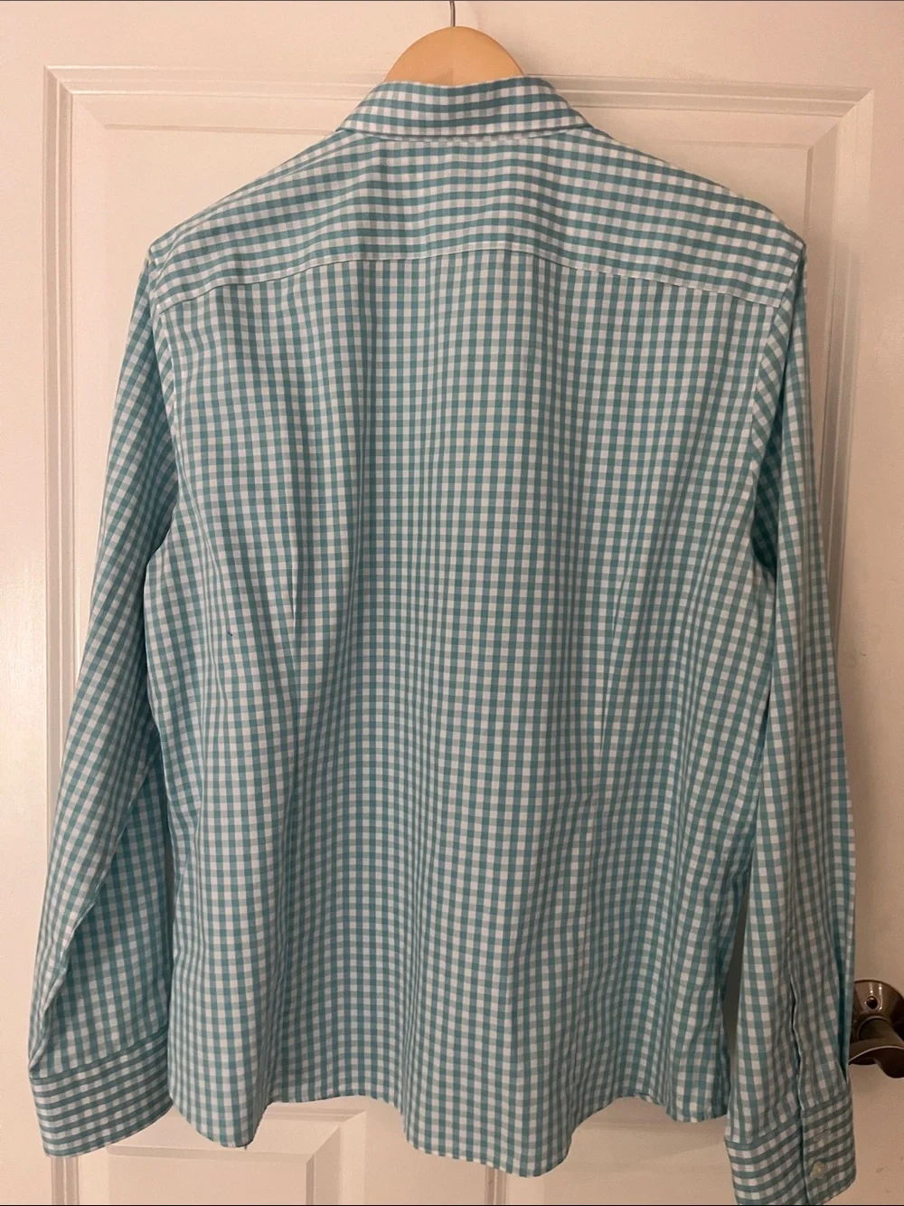 Boys LANDS END turquoise gingham plaid button down sz 18 EUC